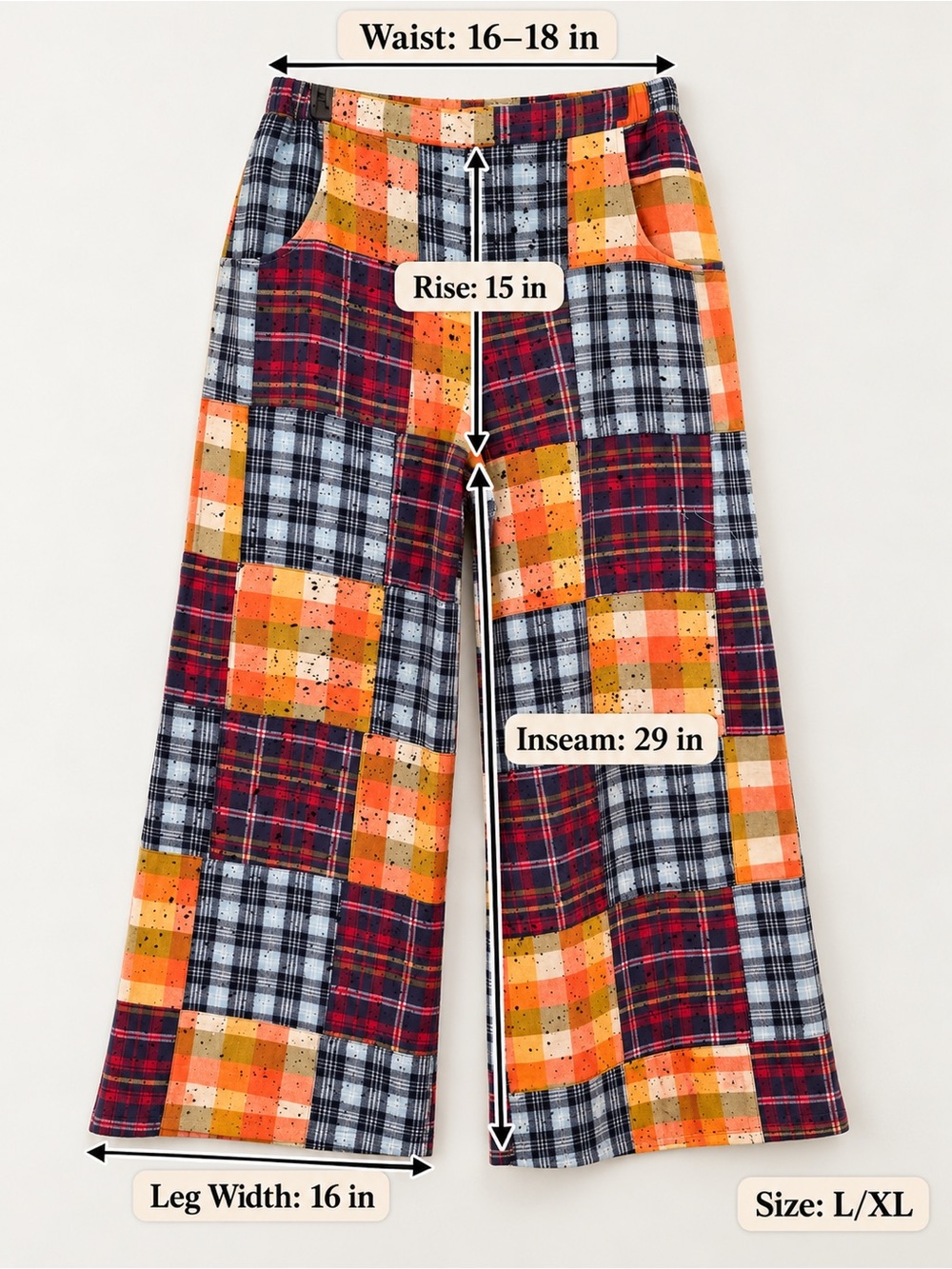 Jaded Gypsy Mixed Up Flannel Pants Mango Patchwork Wide Leg L/XL - Picture 8 of 8
